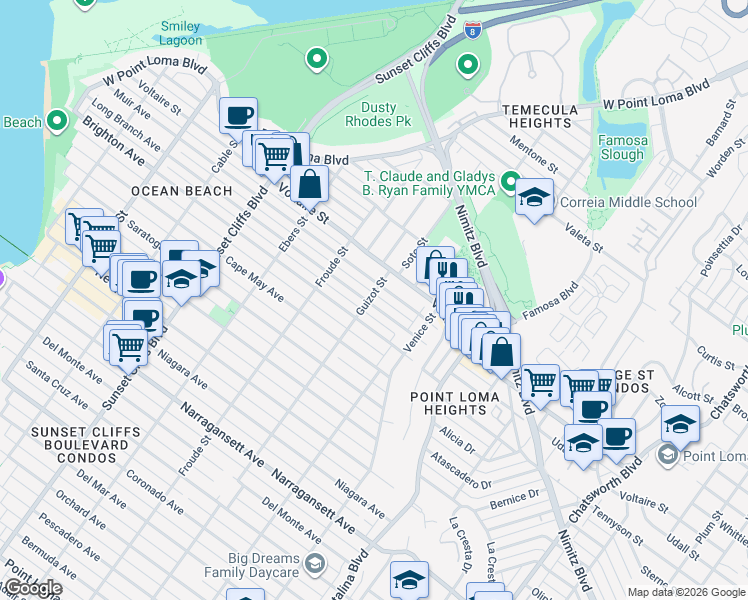 map of restaurants, bars, coffee shops, grocery stores, and more near 2147 Guizot Street in San Diego
