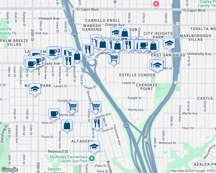 map of restaurants, bars, coffee shops, grocery stores, and more near 3677 Swift Avenue in San Diego