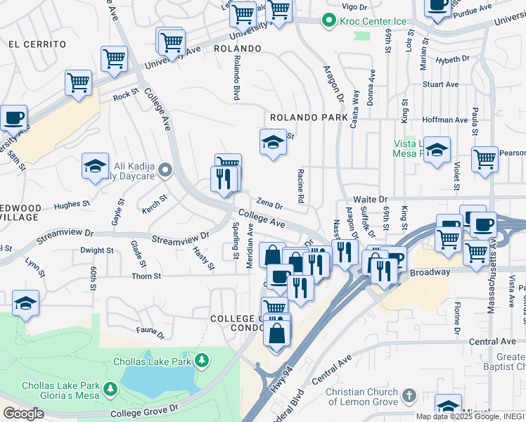 map of restaurants, bars, coffee shops, grocery stores, and more near 3549 College Avenue in San Diego