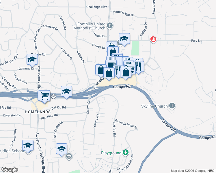 map of restaurants, bars, coffee shops, grocery stores, and more near Campo Road in La Mesa