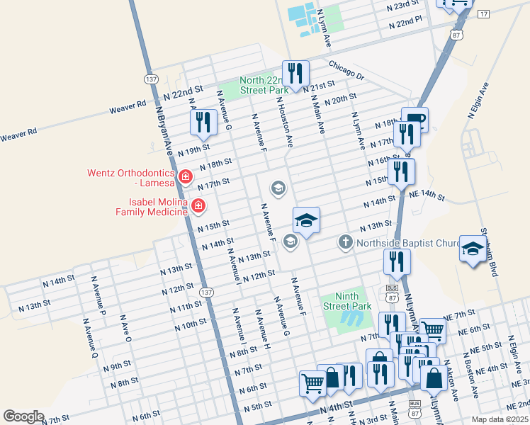 map of restaurants, bars, coffee shops, grocery stores, and more near North 15th Street in Lamesa