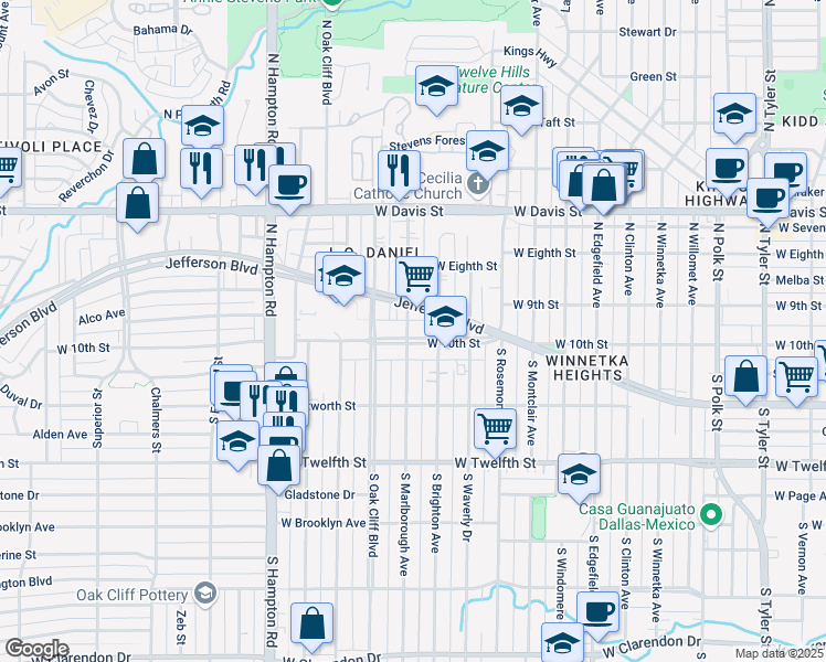 map of restaurants, bars, coffee shops, grocery stores, and more near 1927 West 10th Street in Dallas