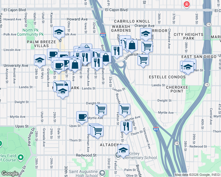 map of restaurants, bars, coffee shops, grocery stores, and more near 33rd St & Landis St in San Diego