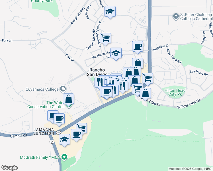 map of restaurants, bars, coffee shops, grocery stores, and more near 111 Via Rancho San Diego in El Cajon