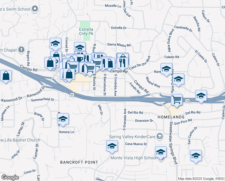 map of restaurants, bars, coffee shops, grocery stores, and more near 3602 South Cordoba Avenue in Spring Valley