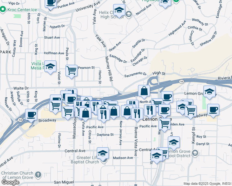 map of restaurants, bars, coffee shops, grocery stores, and more near 7441 Lime Street in La Mesa
