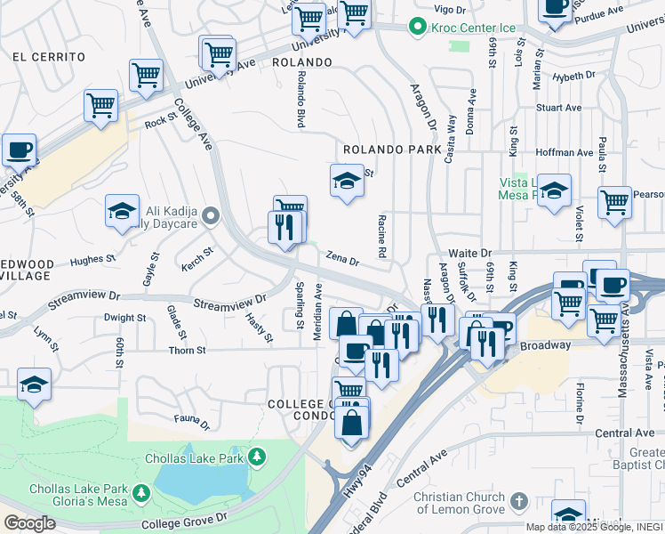 map of restaurants, bars, coffee shops, grocery stores, and more near 3552 College Avenue in San Diego