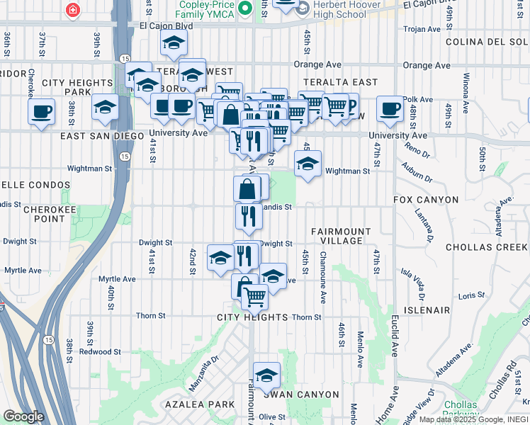 map of restaurants, bars, coffee shops, grocery stores, and more near 3645 Fairmount Avenue in San Diego