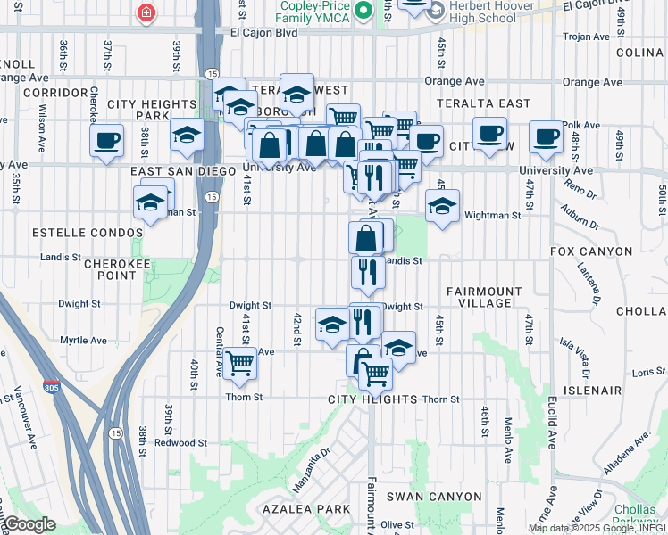 map of restaurants, bars, coffee shops, grocery stores, and more near 3648 Van Dyke Avenue in San Diego
