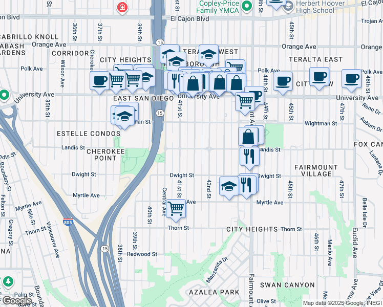 map of restaurants, bars, coffee shops, grocery stores, and more near 3645 41st Street in San Diego