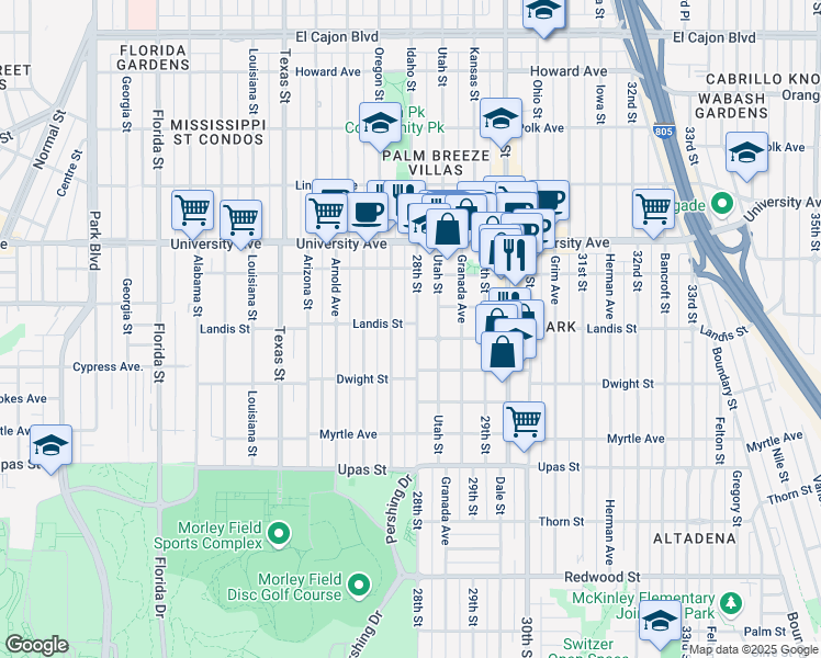 map of restaurants, bars, coffee shops, grocery stores, and more near 3635 28th Street in San Diego