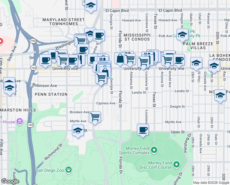 map of restaurants, bars, coffee shops, grocery stores, and more near 1935 Florida Court in San Diego