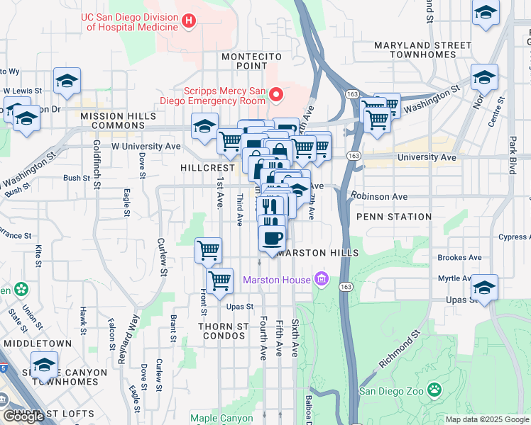 map of restaurants, bars, coffee shops, grocery stores, and more near 3692 Fifth Avenue in San Diego