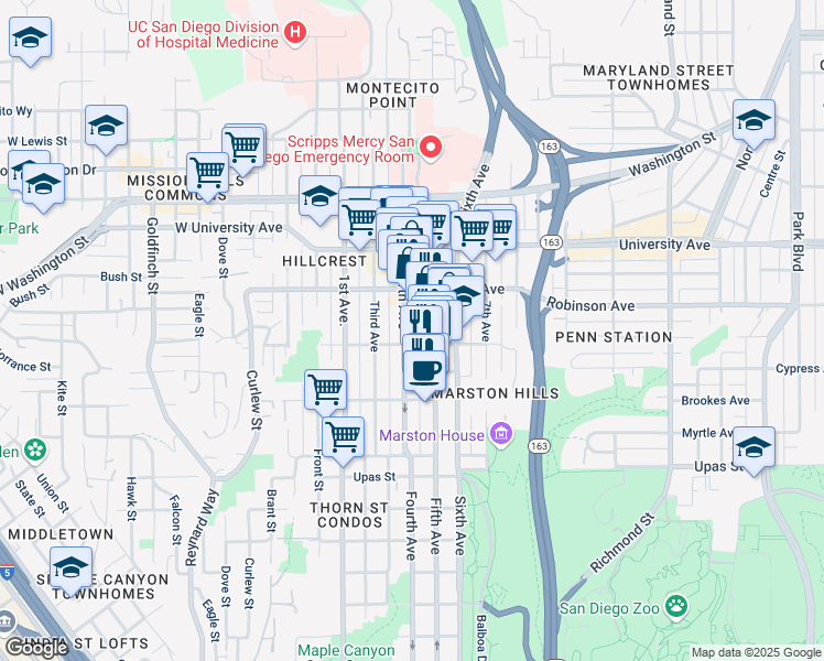 map of restaurants, bars, coffee shops, grocery stores, and more near 329 Pennsylvania Avenue in San Diego