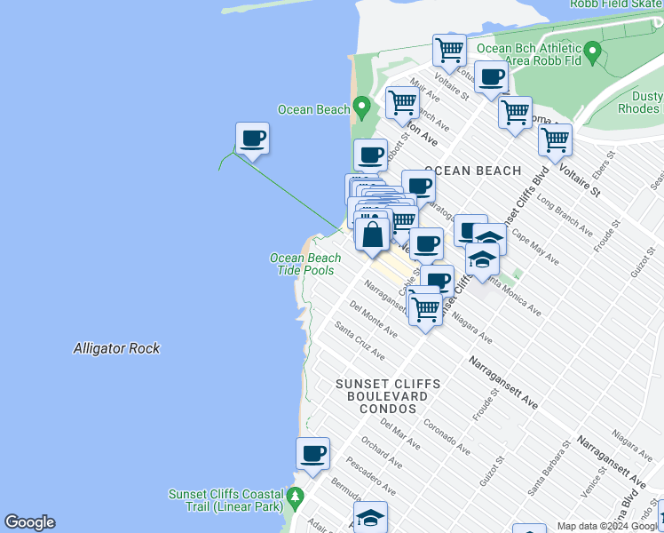 map of restaurants, bars, coffee shops, grocery stores, and more near 5030 Del Monte Avenue in San Diego