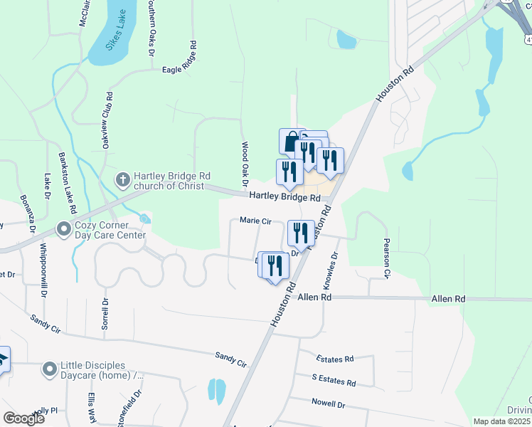 map of restaurants, bars, coffee shops, grocery stores, and more near 3102 Beverdine Drive in Macon