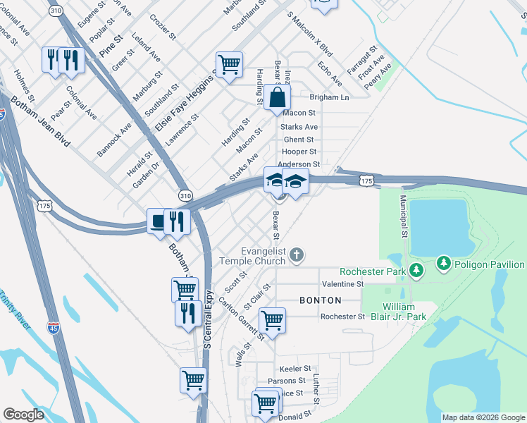 map of restaurants, bars, coffee shops, grocery stores, and more near 2502 Bethurum Avenue in Dallas