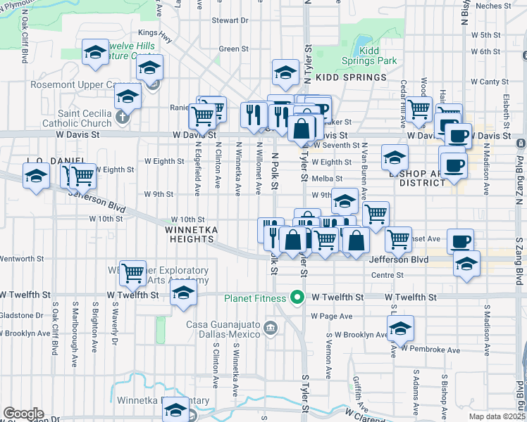 map of restaurants, bars, coffee shops, grocery stores, and more near 102 South Willomet Avenue in Dallas
