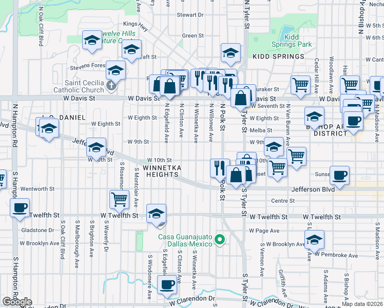 map of restaurants, bars, coffee shops, grocery stores, and more near 102 South Winnetka Avenue in Dallas