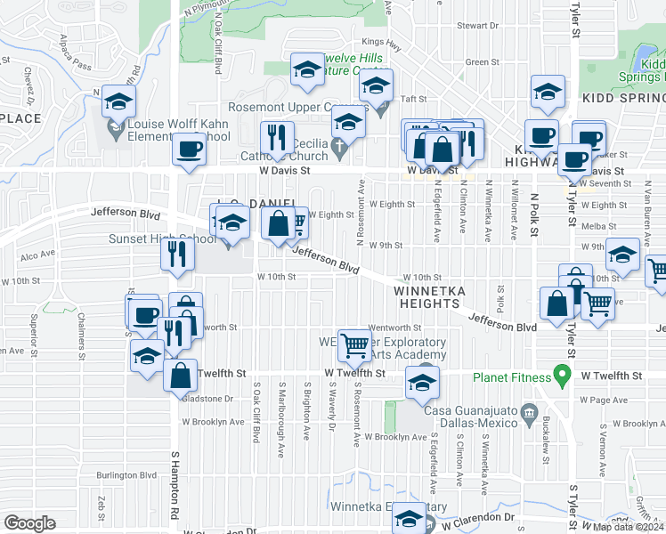 map of restaurants, bars, coffee shops, grocery stores, and more near 1720 West 10th Street in Dallas