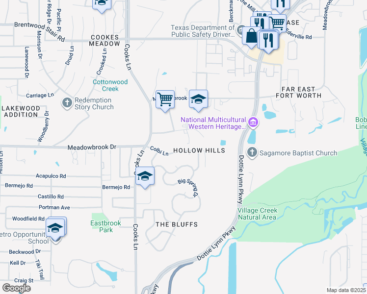 map of restaurants, bars, coffee shops, grocery stores, and more near 8056 Colbi Lane in Fort Worth