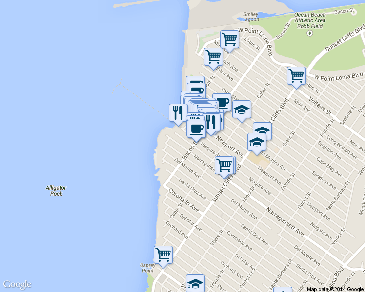 map of restaurants, bars, coffee shops, grocery stores, and more near 5030 Del Monte Avenue in San Diego