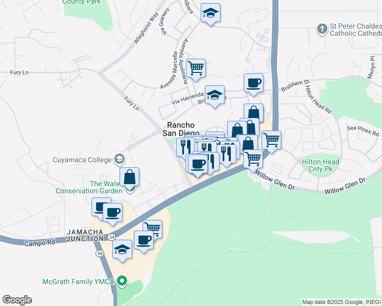 map of restaurants, bars, coffee shops, grocery stores, and more near 11358 Via Rancho San Diego in El Cajon