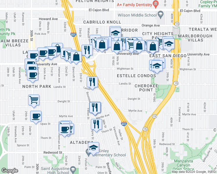 map of restaurants, bars, coffee shops, grocery stores, and more near 3677 Swift Avenue in San Diego