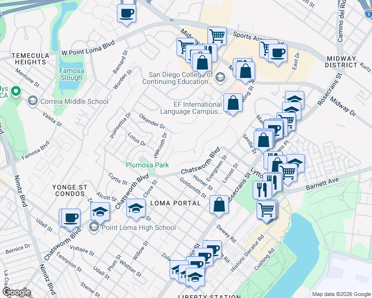 map of restaurants, bars, coffee shops, grocery stores, and more near 3441 Wisteria Drive in San Diego