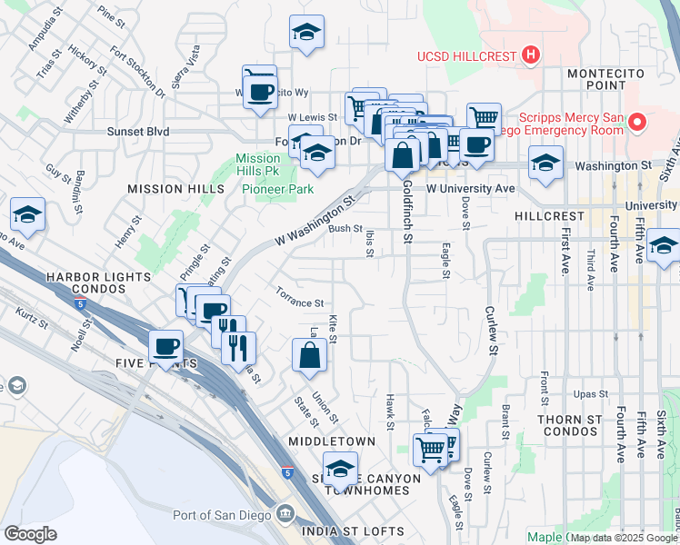 map of restaurants, bars, coffee shops, grocery stores, and more near 3720 Jackdaw Street in San Diego