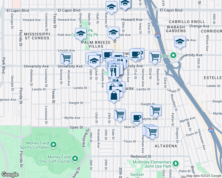 map of restaurants, bars, coffee shops, grocery stores, and more near 3711 29th Street in San Diego