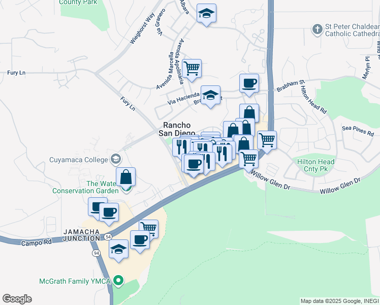map of restaurants, bars, coffee shops, grocery stores, and more near 11368 Via Rancho San Diego in El Cajon