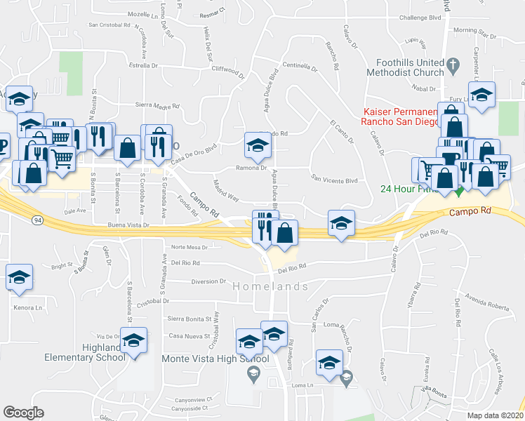 map of restaurants, bars, coffee shops, grocery stores, and more near 10235 Madrid Way in Spring Valley
