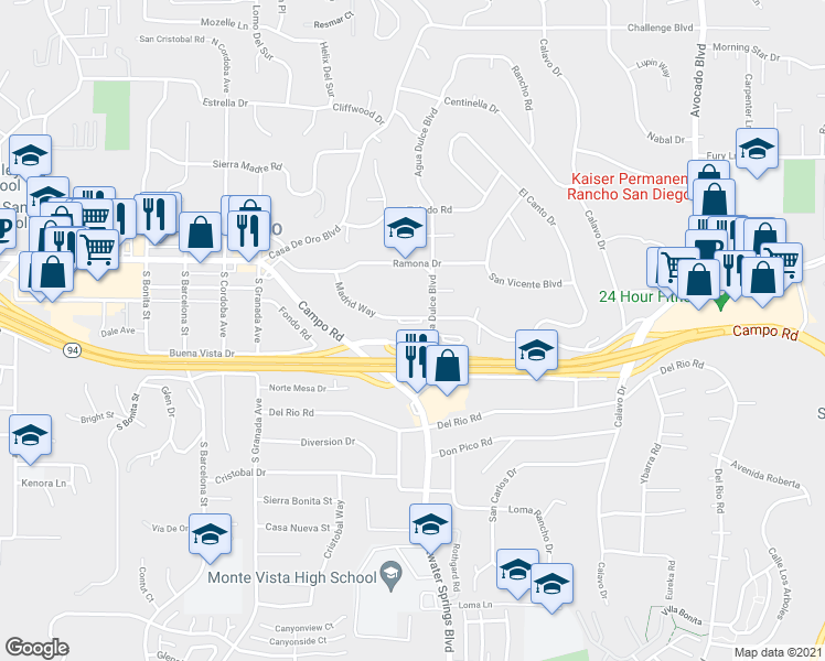 map of restaurants, bars, coffee shops, grocery stores, and more near 10235 Madrid Way in Spring Valley