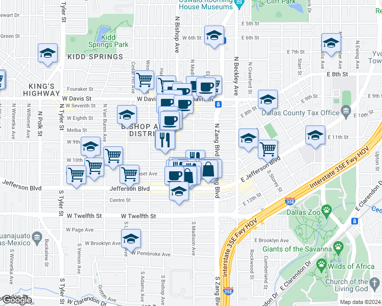 map of restaurants, bars, coffee shops, grocery stores, and more near 113 N Madison Ave in Dallas