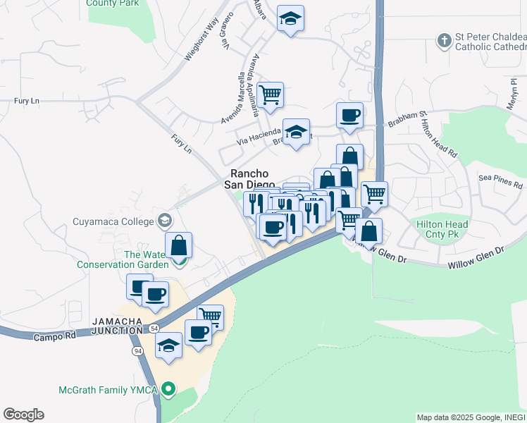 map of restaurants, bars, coffee shops, grocery stores, and more near 111 Via Rancho San Diego in El Cajon