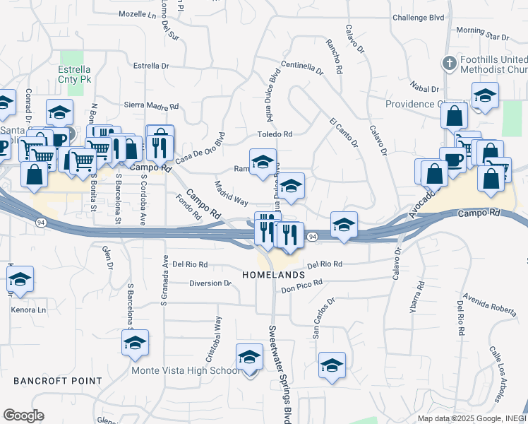 map of restaurants, bars, coffee shops, grocery stores, and more near 10235 Madrid Way in Spring Valley