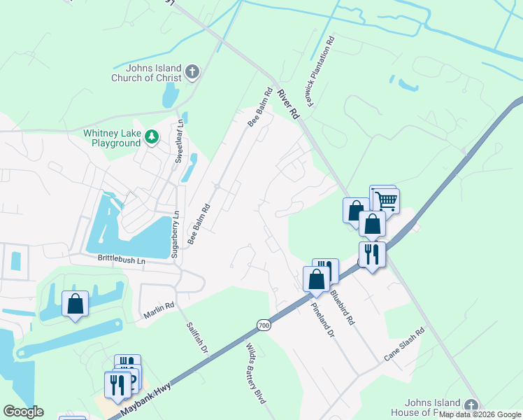 map of restaurants, bars, coffee shops, grocery stores, and more near 1798 Towne Street in Johns Island