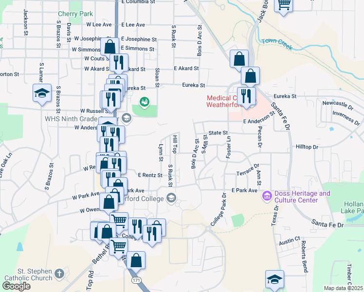 map of restaurants, bars, coffee shops, grocery stores, and more near 1107 Curtis Drive in Weatherford