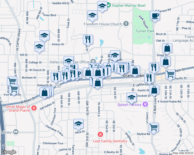 map of restaurants, bars, coffee shops, grocery stores, and more near 113 South Center Street in Grand Prairie