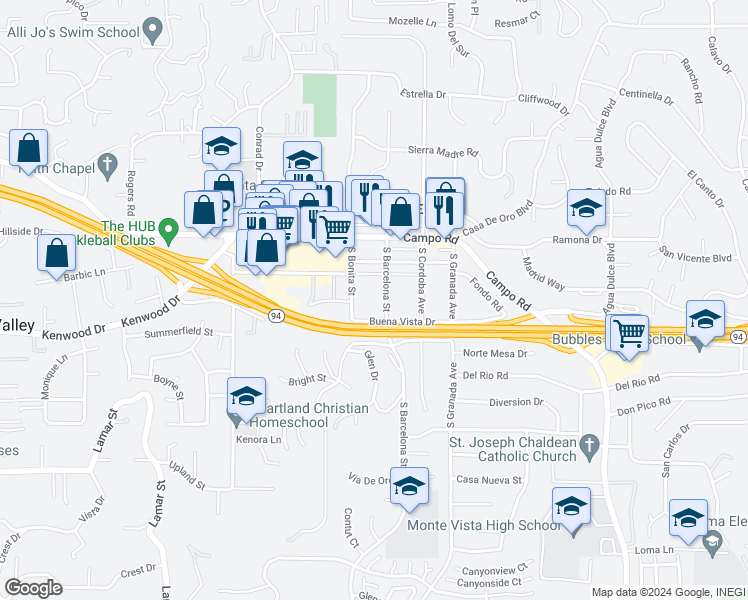 map of restaurants, bars, coffee shops, grocery stores, and more near 3626 South Barcelona Street in Spring Valley