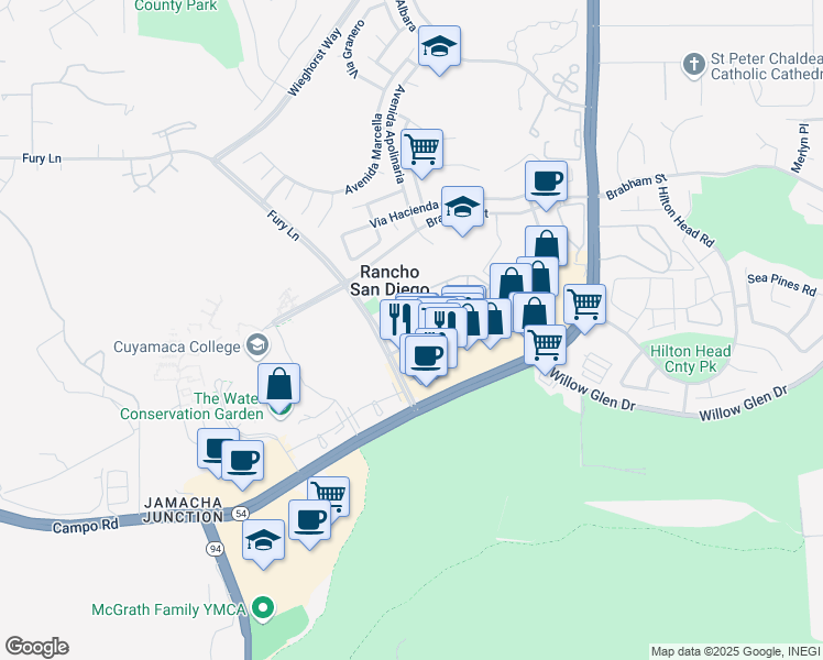 map of restaurants, bars, coffee shops, grocery stores, and more near 111 Via Rancho San Diego in El Cajon