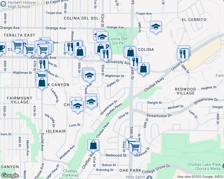 map of restaurants, bars, coffee shops, grocery stores, and more near 3607 Knoxie Street in San Diego