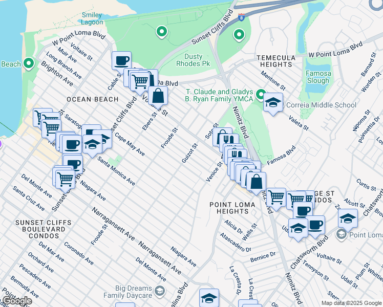 map of restaurants, bars, coffee shops, grocery stores, and more near 4461 Long Branch Avenue in San Diego
