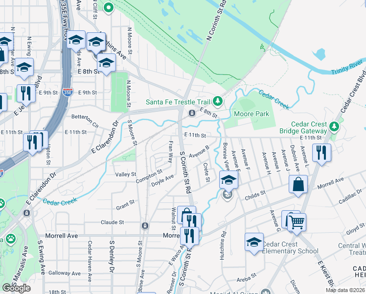 map of restaurants, bars, coffee shops, grocery stores, and more near 308 South Corinth Street Road in Dallas