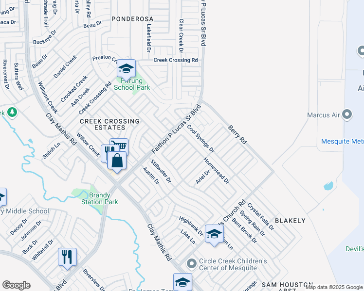 map of restaurants, bars, coffee shops, grocery stores, and more near 1617 Briargrove Drive in Mesquite