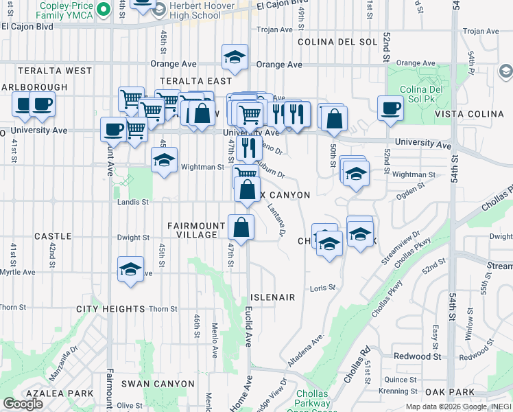 map of restaurants, bars, coffee shops, grocery stores, and more near 4768-70 Castle Avenue in San Diego