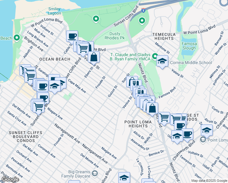 map of restaurants, bars, coffee shops, grocery stores, and more near 2147 Guizot Street in San Diego