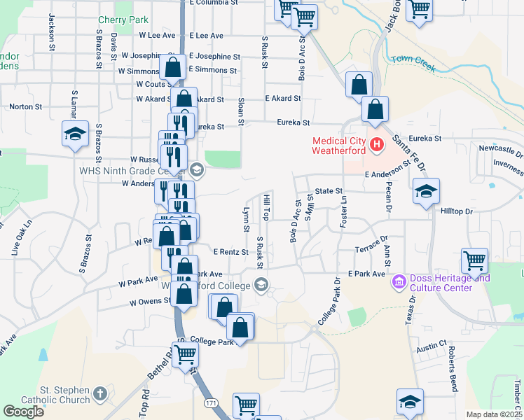 map of restaurants, bars, coffee shops, grocery stores, and more near 1115 South Rusk Street in Weatherford