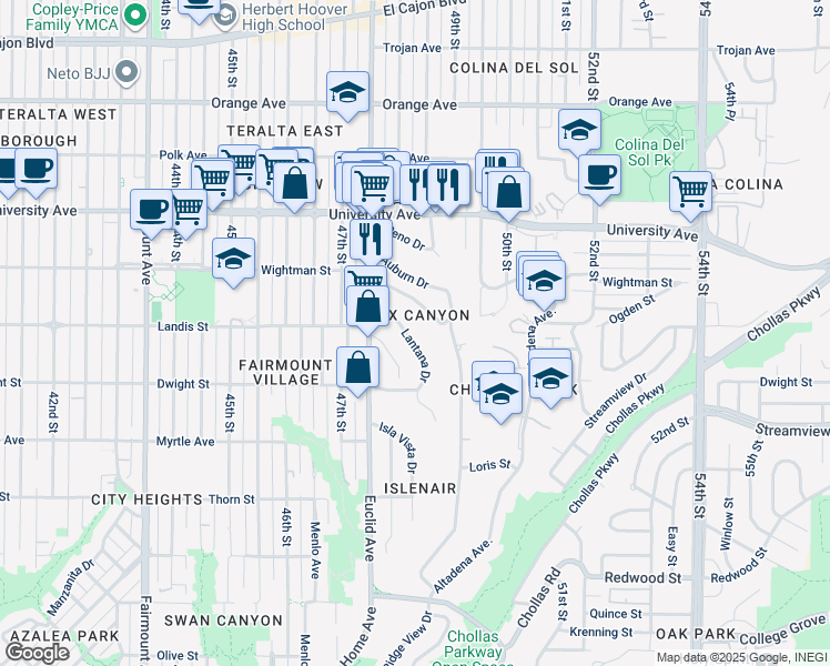 map of restaurants, bars, coffee shops, grocery stores, and more near 4886 Lantana Drive in San Diego